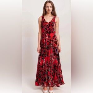 Johnny Was Bias Dress Bobcat Forest Silk Blend Red Floral Maxi Medium $575 NWT